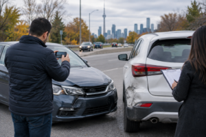 Drivers documenting vehicle damage after a car accident in Ontario