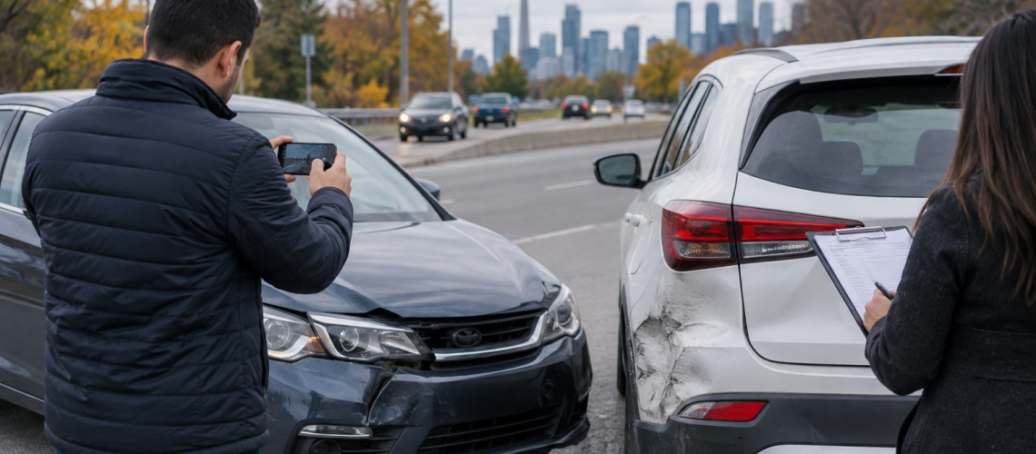 Drivers documenting vehicle damage after a car accident in Ontario